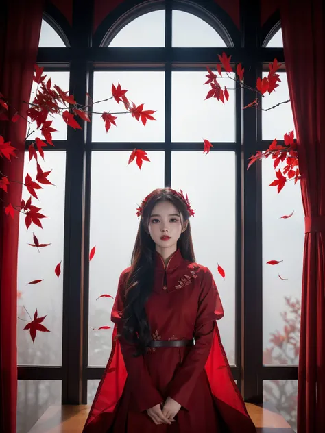 Best Quality　masterpiece　detailed　The bright red leaves visible from the three windows are enveloped in pure white mist.　Photo style　Fantasy　Dramatic Production　Fantasy