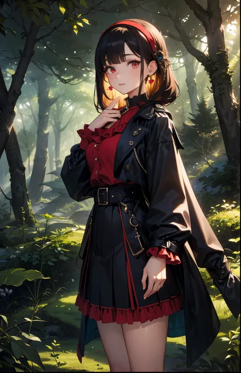 best quality,highly detailed,masterpiece,ultra-detailed,solo,(Delicate eyes),(fantasy forest background:1.3),red eyes,standing,beltskirt,trench coat,jewelry, mole_under_eye, looking_at_viewer, frilled_hairband,earrings, 