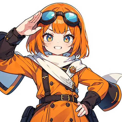 One girl,Best Quality,Super Fine,8k,Very detailed,(Beautiful hands,Beautiful fingers,salute,one hand on hip),Orange Hair,fluffy bob cut,Straight Bangs,(Round lens goggles on the head),evil grin,Adventurer,white background
