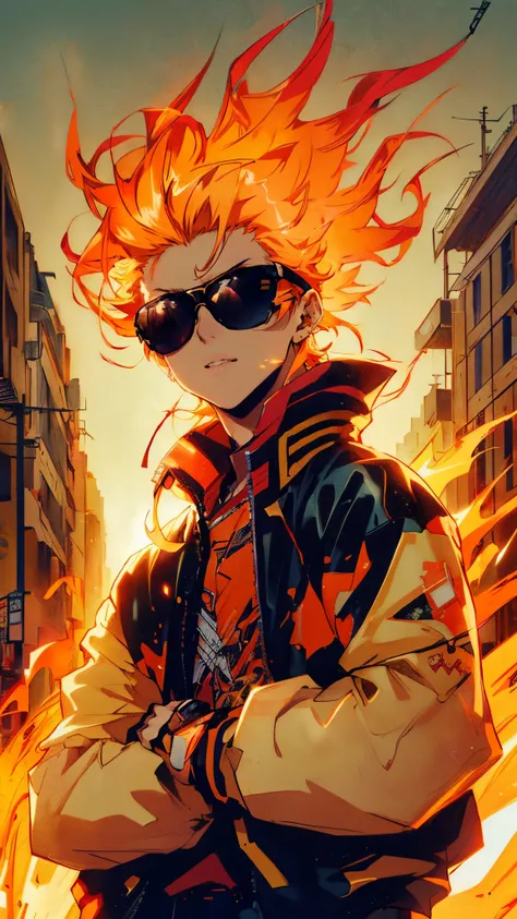 anime character with sunglasses and a jacket on in a city, badass anime 8 k, 4 k manga wallpaper, orange - haired anime boy, 4k anime wallpaper, anime wallpaper 4k, anime wallpaper 4 k, anime wallaper, anime style 4 k, blazing infero, anime art wallpaper 4...