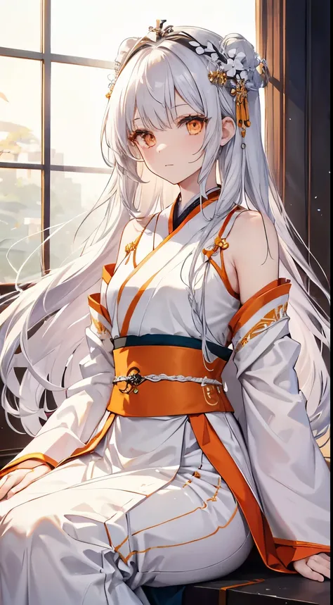 silver hair，orange eyes，ancient hair accessories，long hair，white hanfu long skirt，，queen&#39;skirt，ban jieyu（），medium breasts，do...