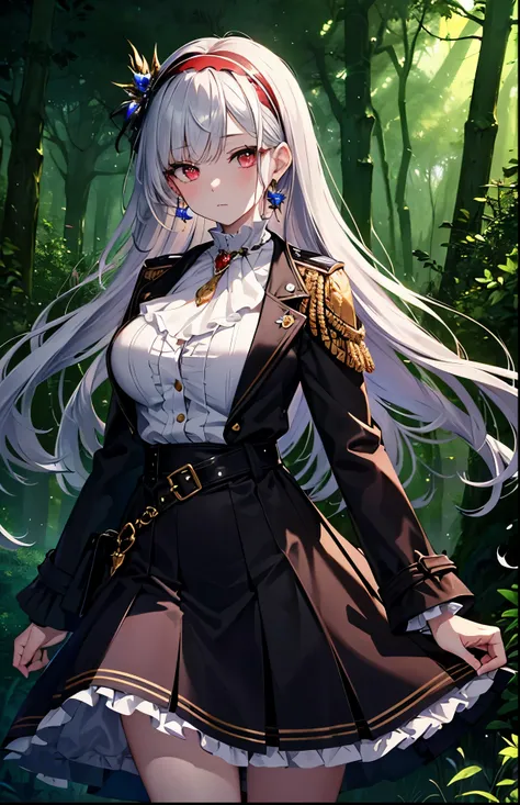 best quality,highly detailed,masterpiece,ultra-detailed,solo,(Delicate eyes),(mystical fantasy forest background:1.3),red eyes,standing,beltskirt,trench coat,jewelry, mole_under_eye, looking_at_viewer, frilled_hairband,earrings,