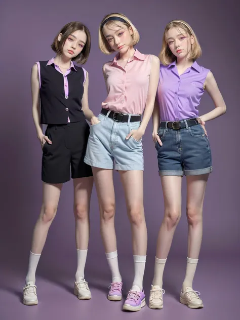 1 woman, mature woman, solo, NOT DASHA TARAN, full body standing, perfect body, best quality, 32k, photograph, full body (head to toe), tone mapping, ((houjou satoko,short hair,black hairband,blonde hair,violet eyes,hair between eyes,collared shirt,sleevel...