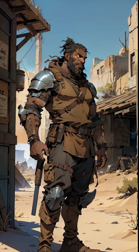 man in a brown outfit, post-apocalyptic mystical, bearded man, in a post-apocalyptic setting, as a black male fantasy character, fantasy character photo, complex fantasy character, man with scar, large man, of a knight, desert warrior, science fiction man