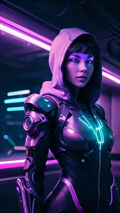 "A cyborg body with a human-like body and face with hoodies cap, standing confidently as a silent killer. Its mechanical elements are seamlessly integrated with human features, giving it a mysterious and alluring look. The eyes glow with an icy blue light,...