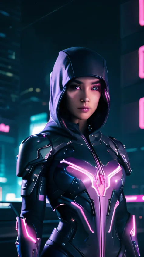 "A cyborg body with a human-like body and face with hoodies cap, standing confidently as a silent killer. Its mechanical elements are seamlessly integrated with human features, giving it a mysterious and alluring look. The eyes glow with an icy blue light,...