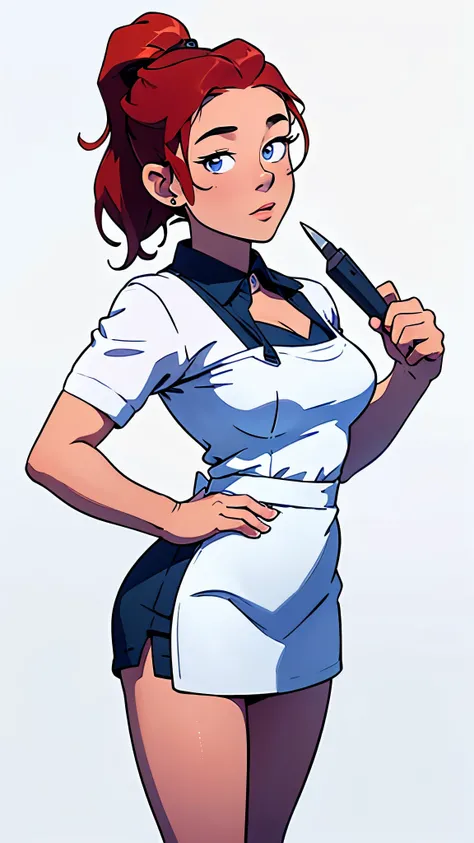 masterpiece, best quality, full body, highest image quality, waitress, looks like Olivia Dunne, bright red hair, ponytail, blue eyes, large breasts, wearing a waitress uniform with apron, White background, empty background, standing, one hand on hip, holdi...