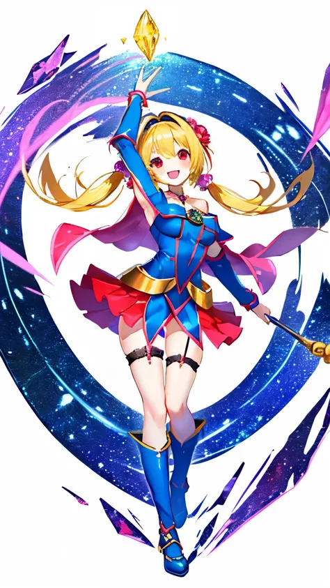 (masterpiece) (best quality),1girl dark Magician girls, solo, long hair, yellow hair, magic circle, thighhighs, staff, hairband, skirt, magic, white thighhighs, full body, looking at viewer, white background, red eyes, frills, twintails, garter straps,she ...