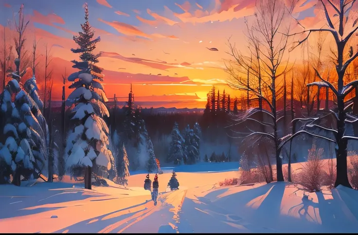 painting of  trees and a sunset in the background, a fine art painting by Igor Kufayev, trending on Artstation, impressionism, ilya kuvshinov landscape, warm lighting with cool shadows, russian impressionism, winter painting, michael garmash and rob rey, l...