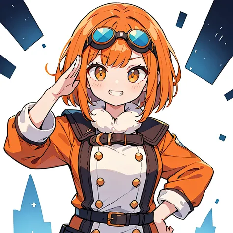 One girl,Best Quality,Super Fine,8k,Very detailed,(Beautiful hands,Beautiful fingers,salute,one hand on hip),Orange Hair,fluffy bob cut,Straight Bangs,(Round lens goggles on the head),evil grin,Adventurer,white background
