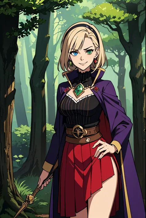 best quality, highly detailed, masterpiece, ultra-detailed,solo, (intense eyes), smirk, (mystical fantasy forest background:1.3), (heterochromia), standing, beltskirt, fantasy jrpg style coat, jewelry, mole_under_eye, looking_at_viewer, frilled_hairband, e...