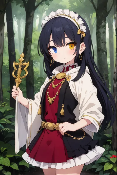 best quality, highly detailed, masterpiece, ultra-detailed,solo, (intense eyes), smirk, (mystical fantasy forest background:1.3), (heterochromia), standing, beltskirt, fantasy jrpg style coat, jewelry, mole_under_eye, looking_at_viewer, frilled_hairband, e...