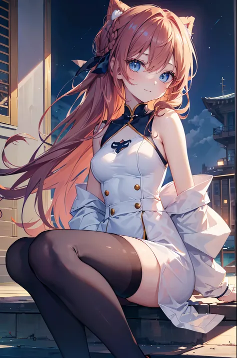 Anime girl kneeling on the stairs with her legs crossed ((masterpiece, Please redeem, High resolution, 超High resolution, Pixel Perfect, Written boundary depth, 4K, , Human Development Report))), 1 girl, single, Alone, Beauty、The whole body is visible、 ((Lo...