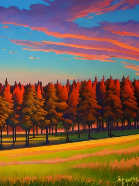 painting  trees and a sunset in the background, by Igor Kufayev, by Konstantin Savitsky, by Andrei Ryabushkin, by andrey ryabovichev, inspired by Igor Kufayev, by Eugene Tertychnyi, by Tuomas Korpi, by Vassily Maximov