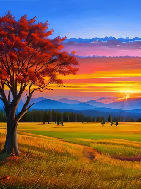 painting  trees and a sunset in the background, by Igor Kufayev, by Konstantin Savitsky, by Andrei Ryabushkin, by andrey ryabovichev, inspired by Igor Kufayev, by Eugene Tertychnyi, by Tuomas Korpi, by Vassily Maximov