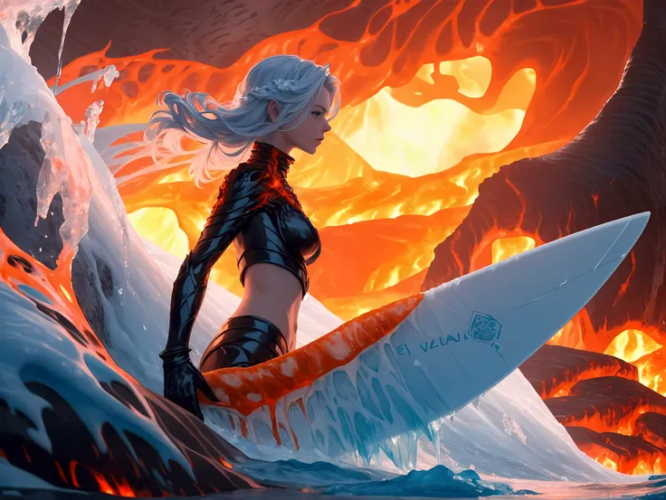 an icy woman surfing in a sea of (lava: 1.3), epic beautiful icy human woman (best details, masterpiece, best quality), ((made f...