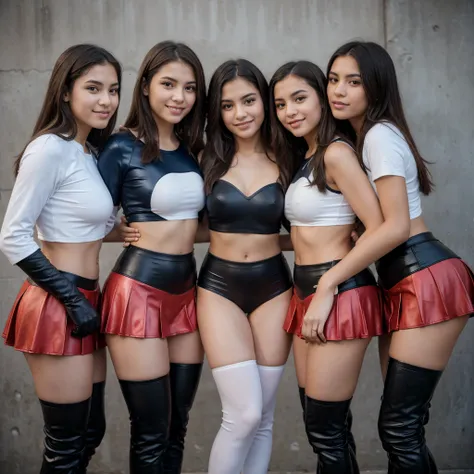 Four Peruvian different teen girls wearing  deep blue cheerleader uniform and  matching leather over the knee high boots, shiny silky pantyhose, full body photo. Studio photo.  Pared two by two and kissing and embracing passionately. Enjoying this unforget...