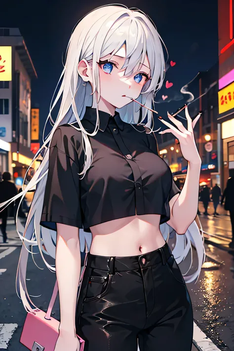 A girl smoking a cigarette in a busy street at night。Black bare-chested clothing,Large and firm breasts, Hearts in eyes, 