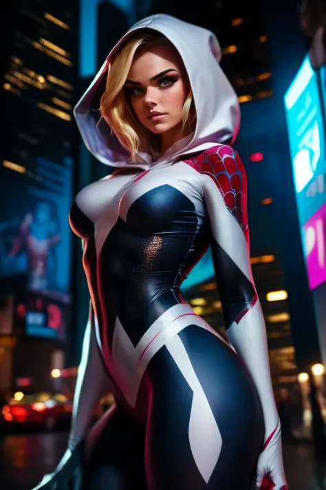 photorealistic portrait of a 18 yo girl, wearing a spider-gwen suit with hood, in dynamic pose, hot body, short blunt hair, blon...