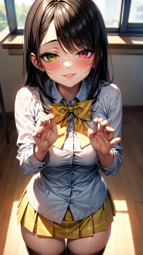 （super high quality,Ultra-high resolution,16k,super masterpiece,Ultra HD ,Detailed shading,）One high school girl,Long black hair with side-swept bangs,A white dress shirt with the second button undone,（green jacket suit,Yellow checked mini skirt,）Black Sto...