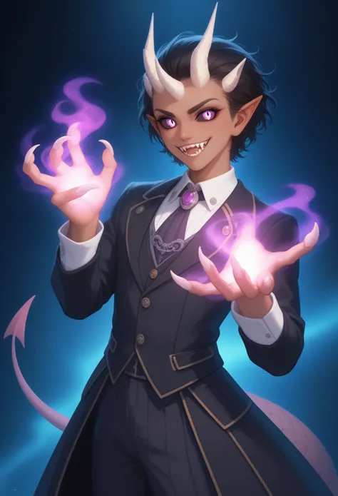 1boy, young man, dark brown skin, short black hair, deep purple eyes, black sclera, sharp teeth, long fangs, vampire fangs, sharp fangs, demonic tail, elegant royal butler outfit, calm expression, composed demeanor, gentle smile, void energy, magical aura,...