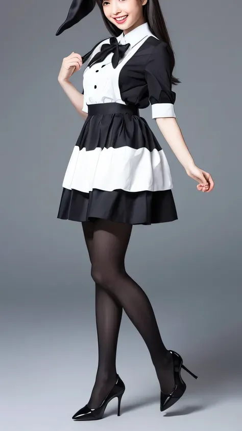 Bunny girl in maid clothes:1.5，Wearing black tights:1.5，The best smile:1.5，Full Body Shot:1.5，Gray background:1.5，Wearing black high heels:1.5，Fluttering mini skirt:1.5