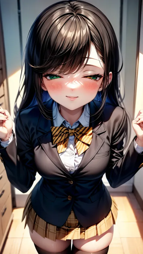 （super high quality,Ultra-high resolution,16k,super masterpiece,Ultra HD ,Detailed shading,）One high school girl,Long black hair with side-swept bangs,A white dress shirt with the second button undone,（Closet-colored blazer,Yellow plaid mini skirt,）Black S...