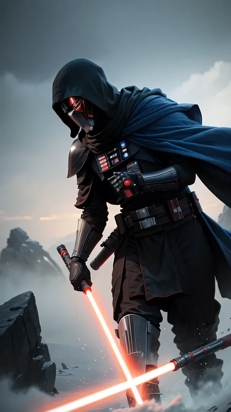 Darth Revan from star wars with 2 light sabers, one is red and one is blue, in center, epic cinematic background