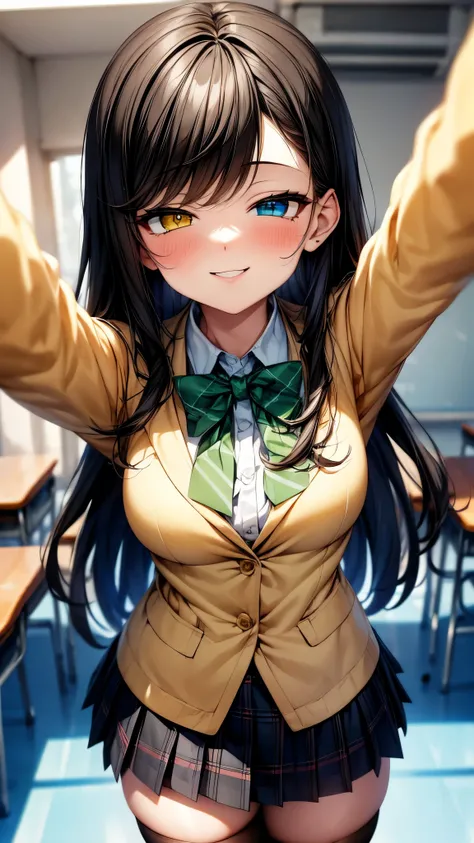 （super high quality,Ultra-high resolution,16k,super masterpiece,Ultra HD ,Detailed shading,）One high school girl,Long black hair with side-swept bangs,A white dress shirt with the second button undone,（Blue blazer,Yellow plaid mini skirt,）Black Stockings,Y...