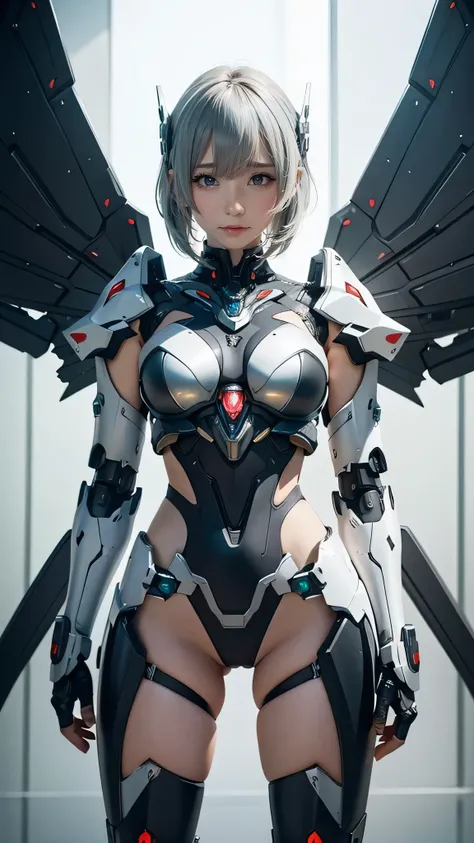 A full-body anime figure of a beautiful girl in “mecha cyber armor,” blending organic and mechanical elements for a perfect anime shoujo mecha aesthetic. She stands with a melancholic expression, reminiscent of Rei Ayanami, wearing full metal armor with in...