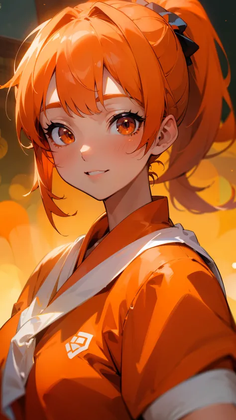 (masterpiece、Best Quality)、Exquisite details、8k、Sharp focus、(Bokeh) (Best Quality) (Skin refinement:1.3) (Exquisite details) (8k) (Detailed) (anime)、Orange themed clothing、Orange Hair、Side Ponytail、Beautiful red eyes、Upper body close-up、smile、happy