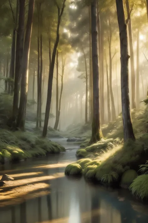 Create an awe-inspiring digital artwork that captures the serene beauty of an ancient forest at twilight. The scene should feature towering trees bathed in soft, golden light filtering through the foliage, casting gentle shadows on the lush undergrowth. Th...