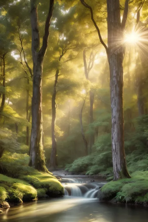Create an awe-inspiring digital artwork that captures the serene beauty of an ancient forest at twilight. The scene should feature towering trees bathed in soft, golden light filtering through the foliage, casting gentle shadows on the lush undergrowth. Th...