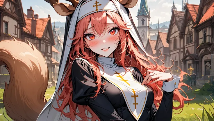 solo, female, close up, nun, nun habit, deer antlers, light red hair, long hair, red eyes, curvy, slim, pious, town in background, small church in background, outdoors, dress slit, grass, medium breasts, blush, shy, smile, hand on breasts, large ass, large...