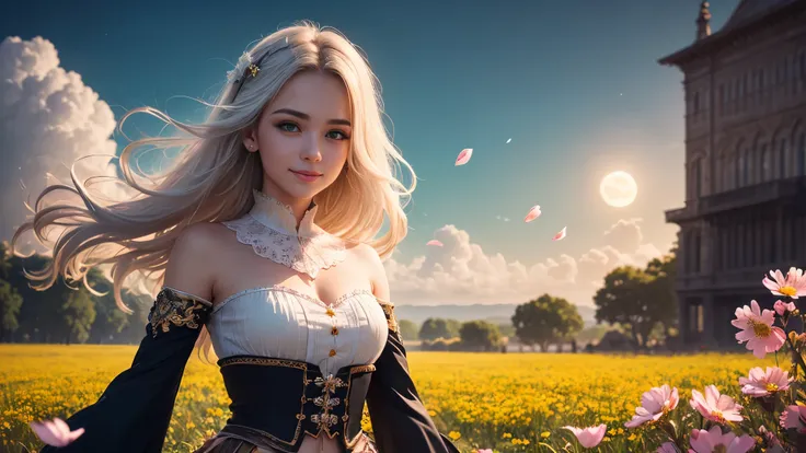 masterpiece, best quality,, 1girl, (colorful),(finely detailed beautiful eyes and detailed face),cinematic lighting,bust shot,extremely detailed CG unity 8k wallpaper,white hair,solo,smile,intricate skirt,((flying petal)),(Flowery meadow), sky, cloudy_sky,...