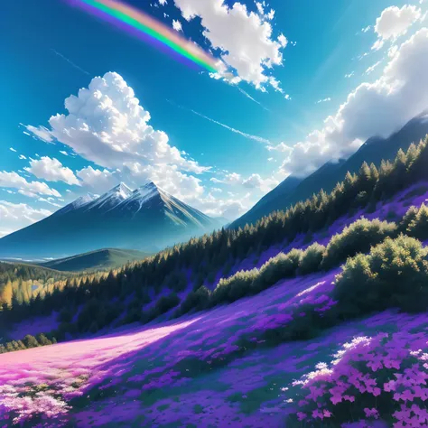 a view of a rainbow colored sky with clouds and mountains, rainbow clouds, rainbow colored clouds, A very colorful heaven, ethereal rainbows, Colors of Heaven, rainbow色の雲, Colorful clouds, Psychedelic Clouds, rainbow, Colorful sky, intricate rainbow enviro...