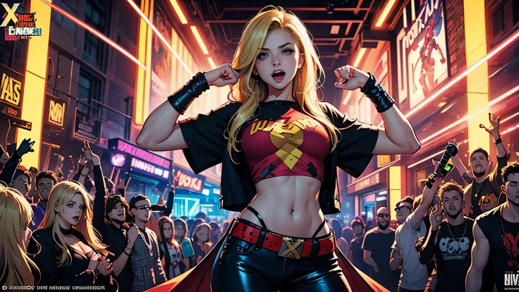 comic book style, joe madureira style line art, extremely attractive girl, woman, female wearing an x-men t-shirt,  american heritage, blonde hair, bright red eyes, proud expression, standing inside a nightclub singing,snthwve style, nvinkpunk, duskypie