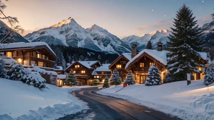Create an alpine village inspired by the Swiss Alps during the holiday season. The houses are designed in traditional Swiss architecture., with sloping roofs covered in snow, Dark wood walls and decorative details in red and green. The windows are illumina...
