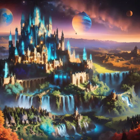 a painting of a castle surrounded by waterfalls and planets, highly detailed fantasy, fantasy capital, Fantasy City, Fantasy Cityscape, Highly detailed digital art in 4k, impressive fantastic landscape, highly detailed fantasy art, in a city of fantasy and...