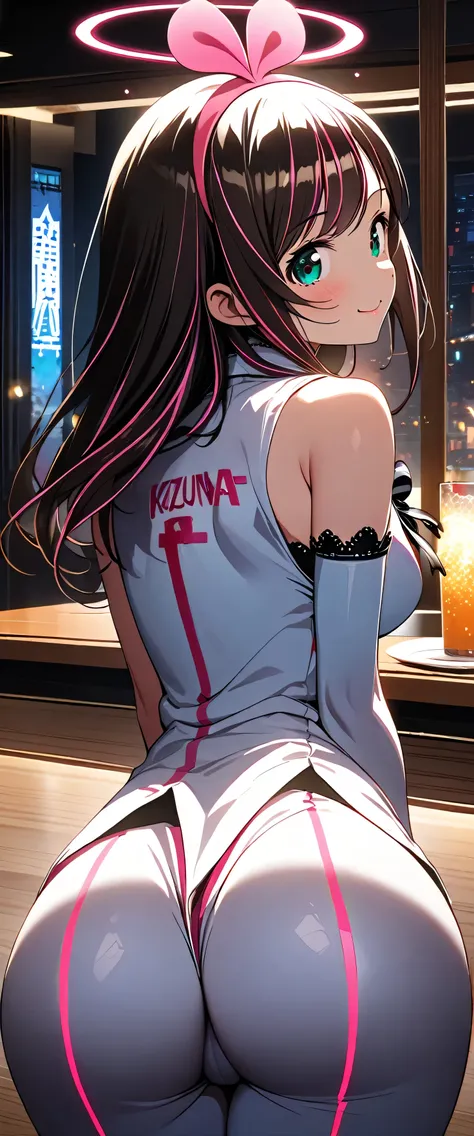 anime girl with pink hair sitting on a counter with a candle（kizuna ai)