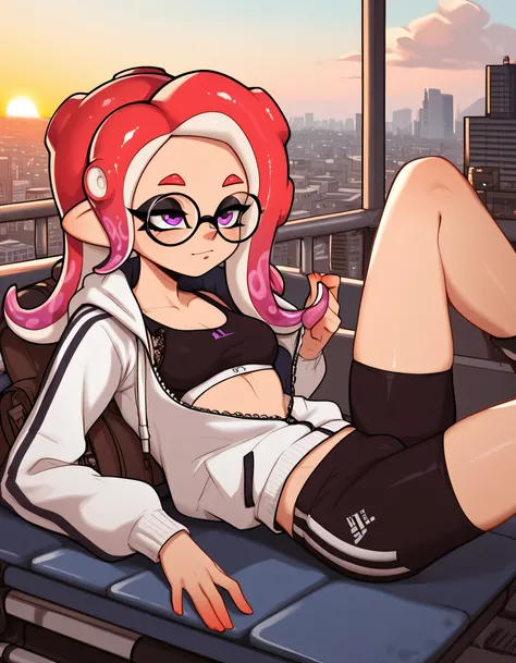 1girl, solo focus, female, octoling girl, long tentacle hair, purple eye color, round glasses, wearing a sports jacket, sport shorts, bulge, wearing a lace bra, half-closed eyes, relaxing, looking at the horizon behind, source-splatoon3, score_9, score_8_u...