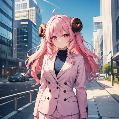 “An anime-style illustration of ‘Fua-chan’ wearing a smart suit and smiling warmly. Fua-chan has long pink hair styled in soft curls resembling sheep’s horns, and pink eyes. She is depicted standing confidently in a well-fitted, stylish business suit, her ...