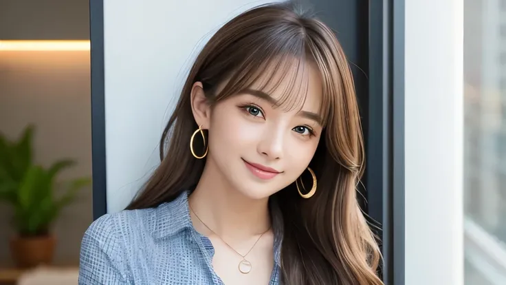 Highest quality、High resolution、8K wallpaper、Dense and beautiful eyedium hair、(Beautiful breasts:1.3)、Natural color lip、25-year-old woman、Brown Hair、smile、Semi-long hair、Hair tied up、Wearing a necklace and earrings、Casual Affis clothes、outside、Blushing、クシャ...