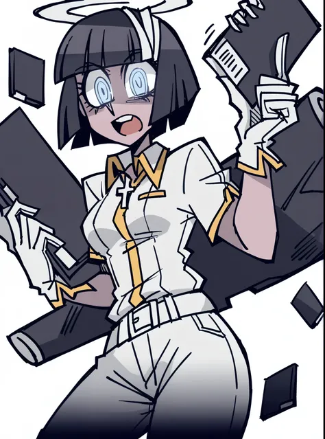 Helltaker style,azazel (helltaker),1girl,solo,shirt, black hair,white shirt, cross on collar,blue eyes,ribbons in hair, ribbons, cross,bob cut,bob haircut, collared shirt,white gloves,neck corss,halo,white pants,white belt,transparent background,angel girl...