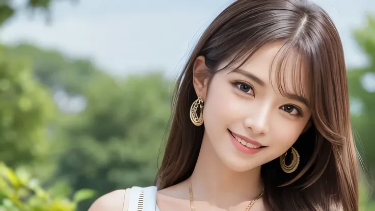 Highest quality、High resolution、8K wallpaper、Dense and beautiful eyedium hair、(Beautiful breasts:1.3)、Natural color lip、25-year-old woman、Brown Hair、smile、Semi-long hair、Hair tied up、Wearing a necklace and earrings、Casual Affis clothes、outside、Blushing、クシャ...