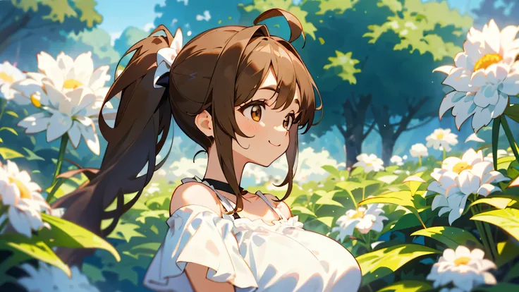 １People Girls、Big Eyes、Dark brown eyes、Light Brown Hair、Side Ponytail、Big Breasts、Ahoge、Plain white off-the-shoulder dress、Short sleeve、Frills、Upper body close-up、The background is a garden with fluttering petals、smile、From the side、Picturesque、Sharp conto...