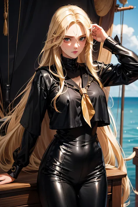 Perfect Anatomy　Best Quality,Highest Resolution,(((Black shiny clothes　Blonde Hair　Long Hair　sweat)))　Age of Discovery　Wooden sailing ship　Sailor　Adult women　1700s　pirate