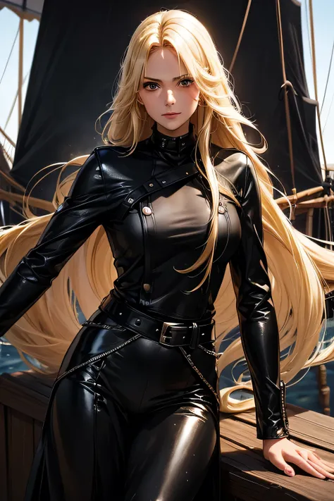 Perfect Anatomy　Best Quality,Highest Resolution,(((Black shiny clothes　Blonde Hair　Long Hair　sweat)))　Age of Discovery　Wooden sailing ship　Sailor　Adult women　1700s　pirate