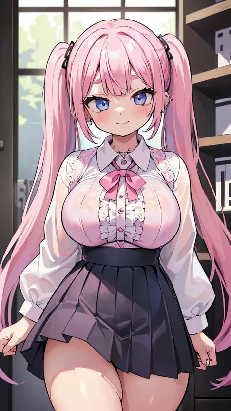 ((masterpiece、Best Quality、Super detailed)、((One person))、((Pink Hair))、((Twin tails))、((Light blue eyes))、evil smile、((lots of piercings))、((Very large breasts))、((White collared shirt))、clavicle、((pink lace bra))、((open clothes))、((Black pleated skirt))、...