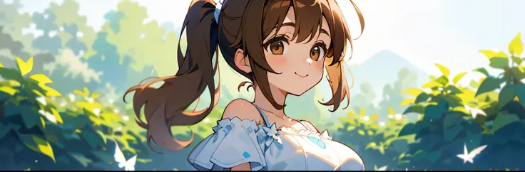 １People Girls、Big Eyes、Dark brown eyes、Light Brown Hair、Side Ponytail、Big Breasts、Ahoge、Plain white off-the-shoulder dress、Short sleeve、Frills、Upper body close-up、The background is a garden with fluttering petals、smile、From the side、Picturesque、Sharp conto...